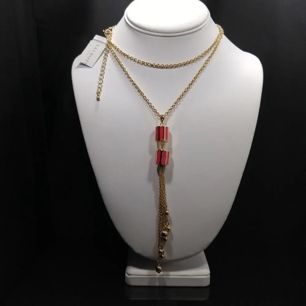 Talbots Gold Tassel Long Necklace, Red Enamel Beads, New With Tags